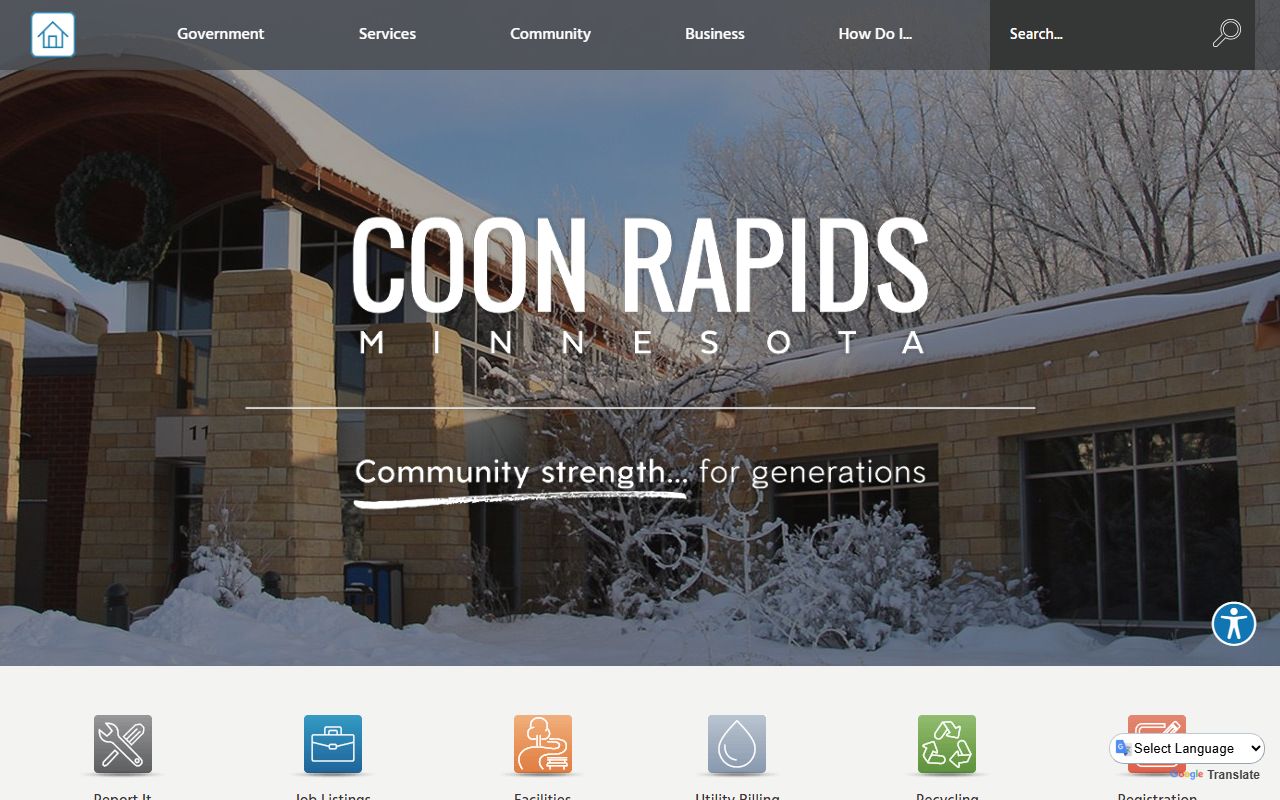 City of Coon Rapids website showing city services and community resources