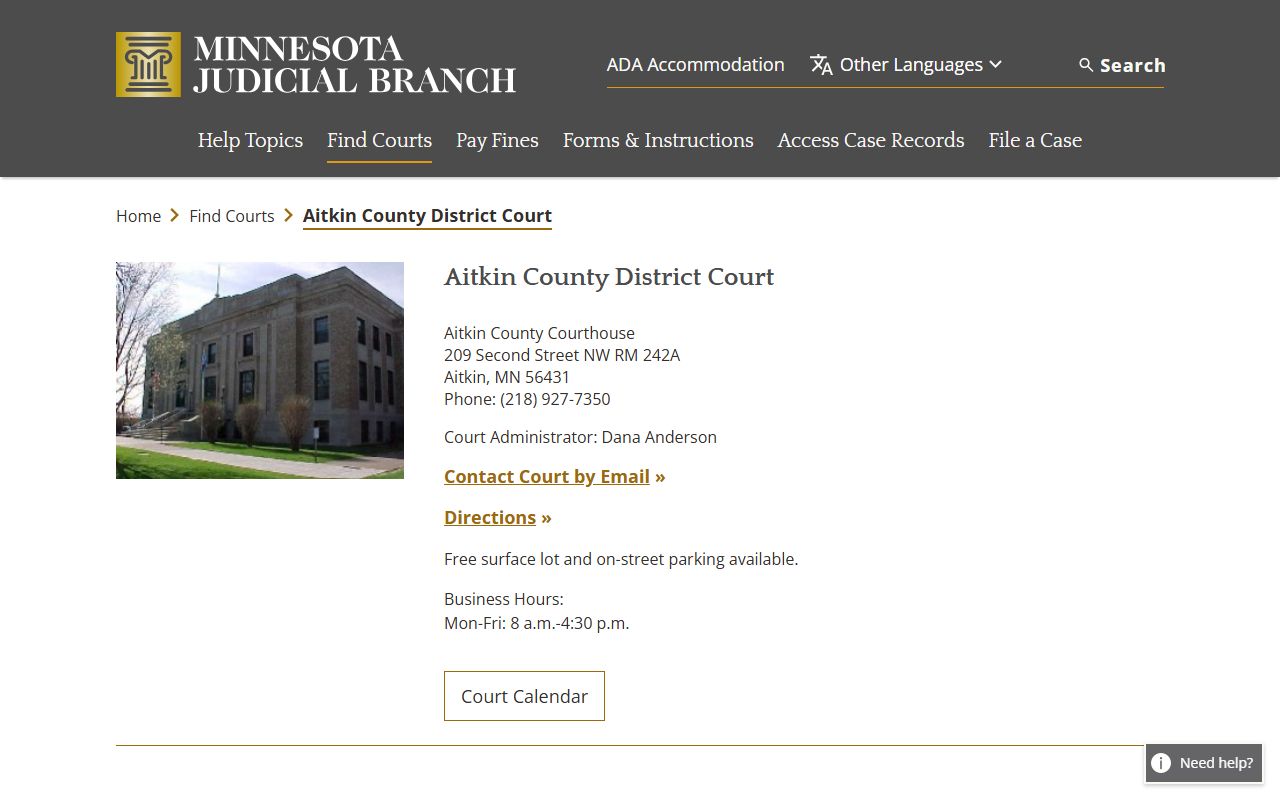 Aitkin County District Court page on Minnesota Judicial Branch website