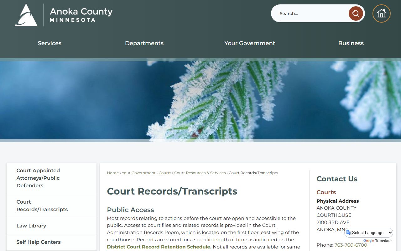 Anoka County Court Records page showing record access information