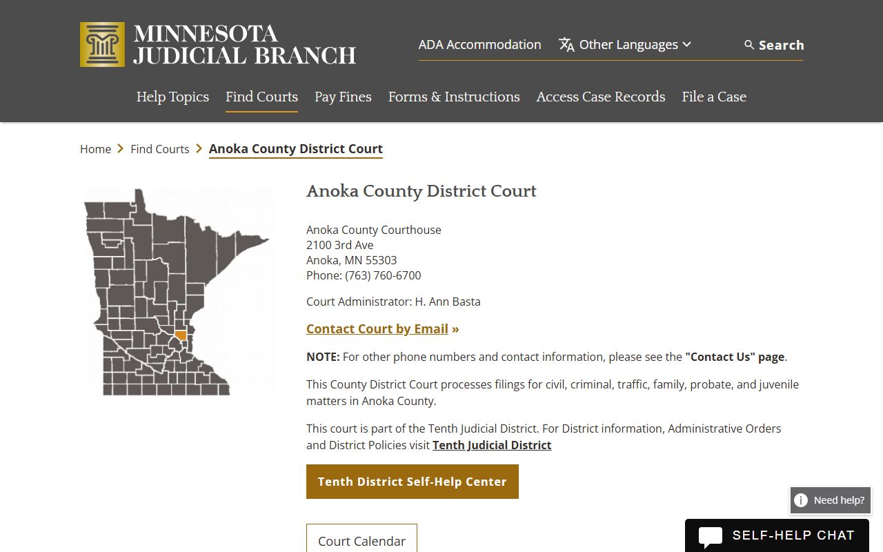 Anoka County District Court page on Minnesota Judicial Branch website