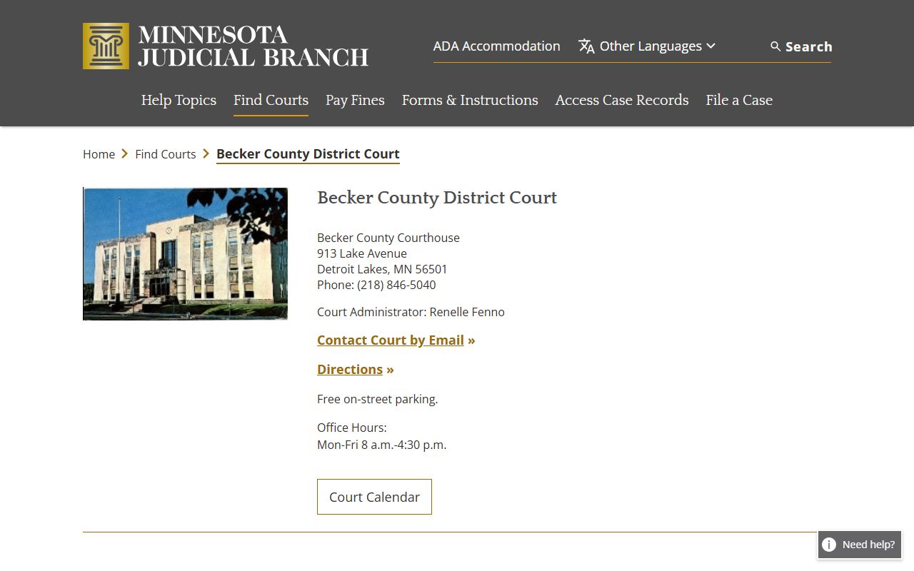 Becker County District Court page on Minnesota Judicial Branch website