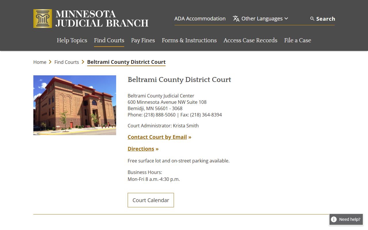 Beltrami County District Court page on Minnesota Judicial Branch website