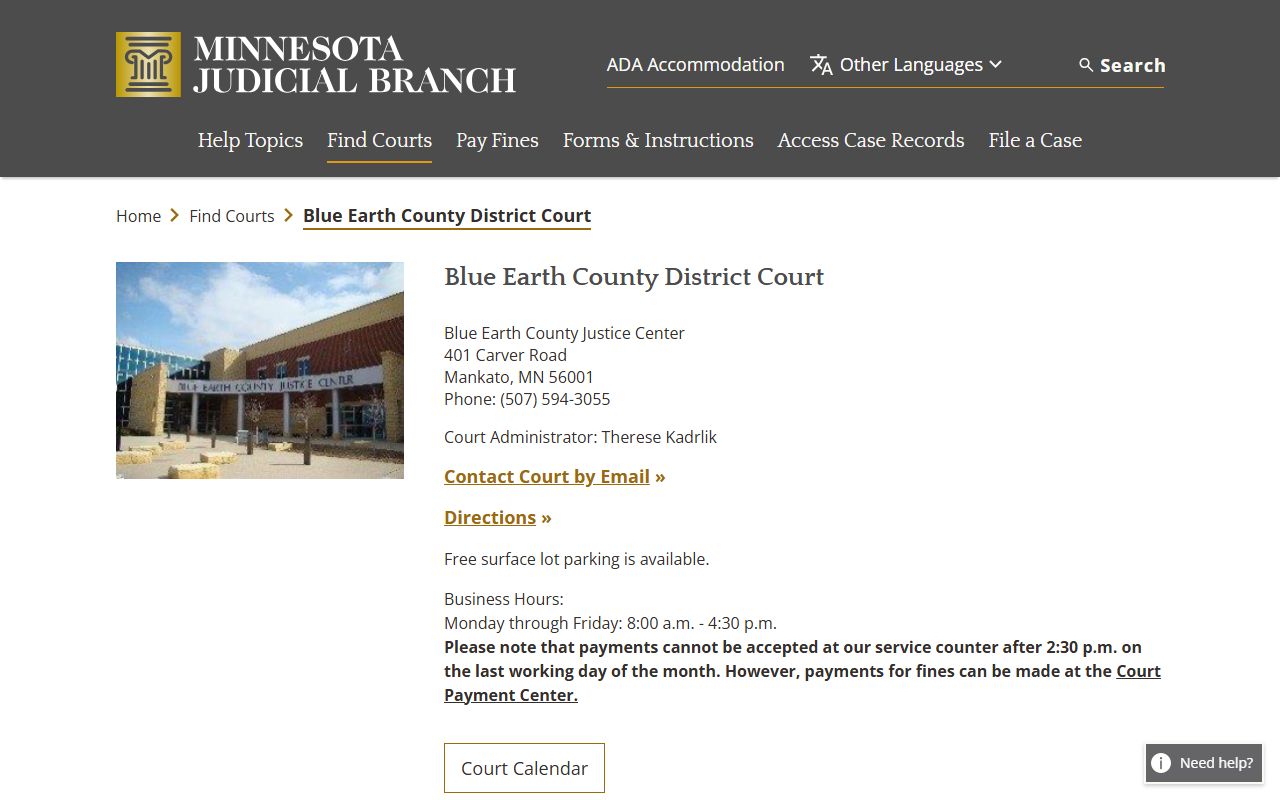 Blue Earth County District Court page on Minnesota Judicial Branch website
