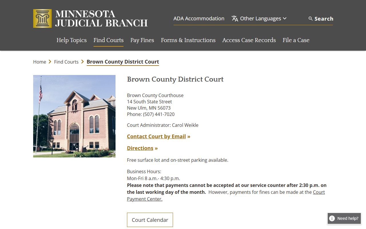 Brown County District Court page on Minnesota Judicial Branch website
