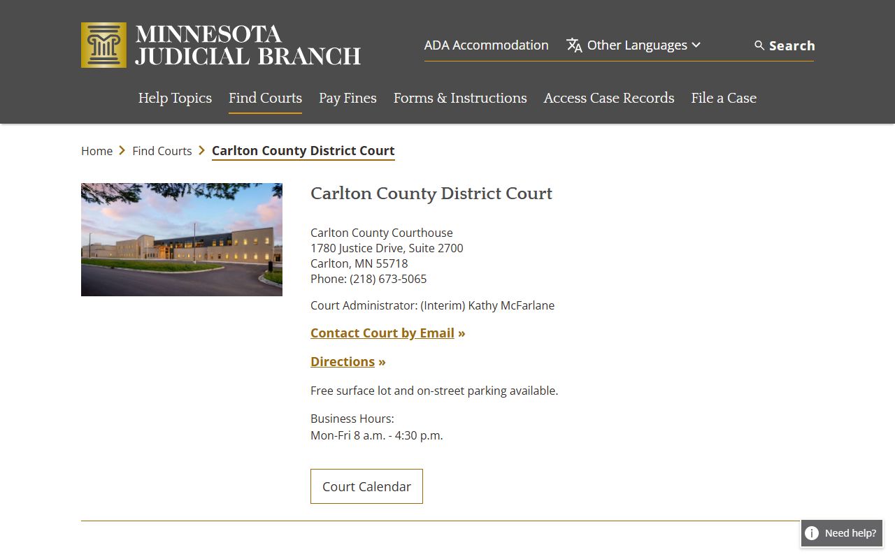 Carlton County District Court page on Minnesota Judicial Branch website
