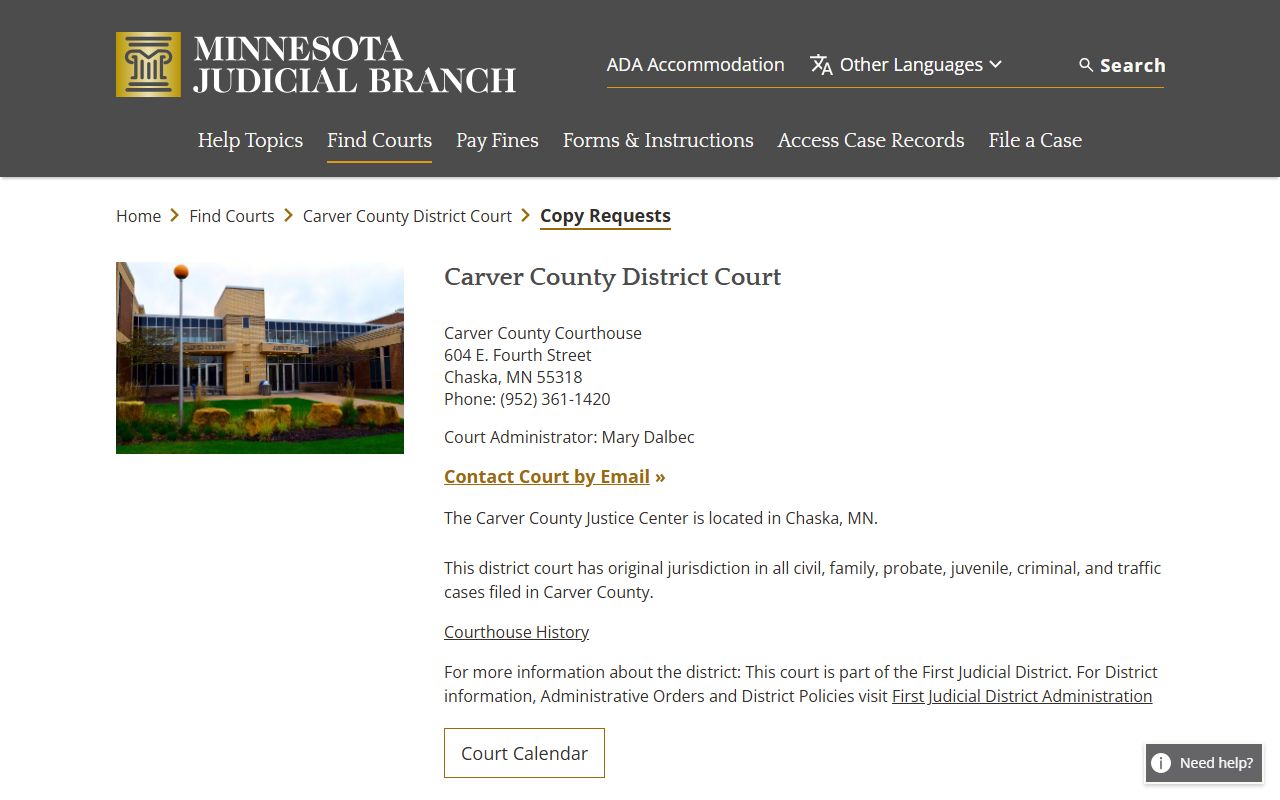 Carver County copy requests page on Minnesota Judicial Branch website