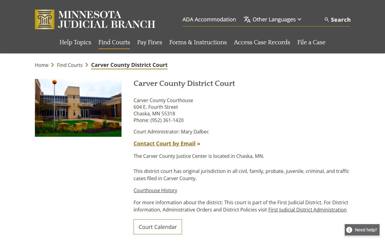 Carver County District Court page on Minnesota Judicial Branch website