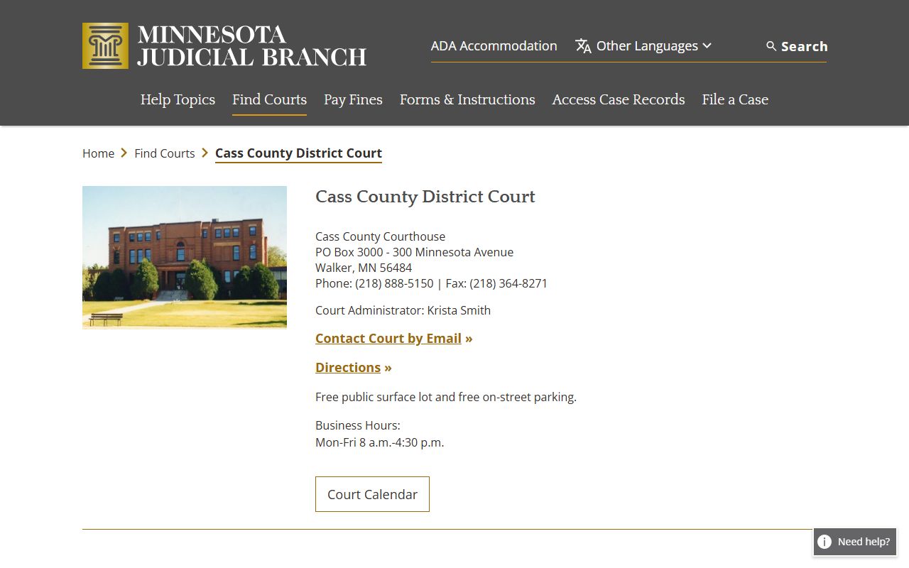 Cass County District Court page on Minnesota Judicial Branch website