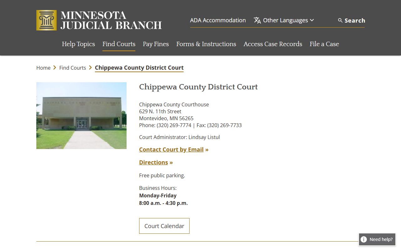 Chippewa County District Court page on Minnesota Judicial Branch website