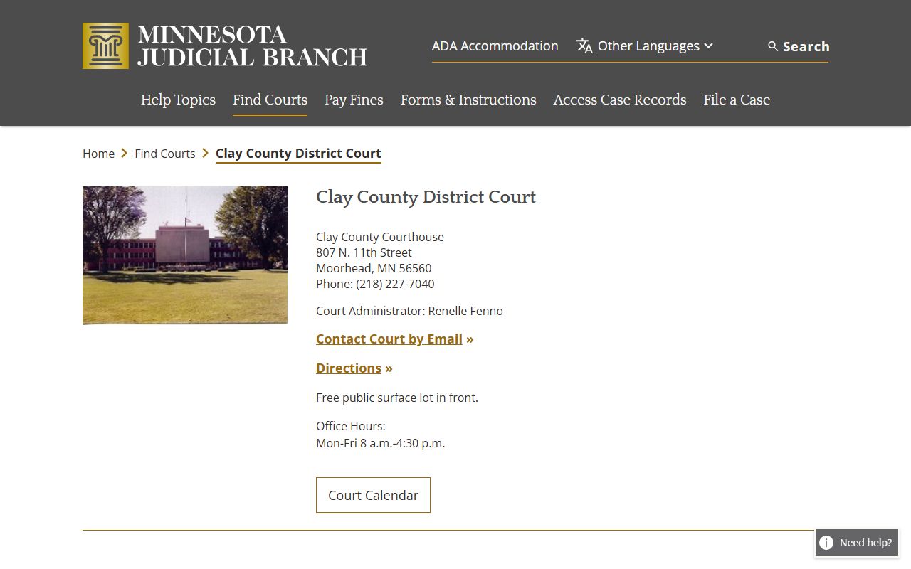 Clay County District Court page on Minnesota Judicial Branch website