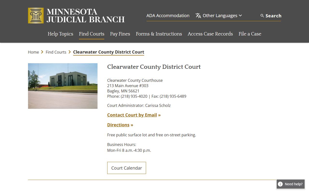 Clearwater County District Court page on Minnesota Judicial Branch website