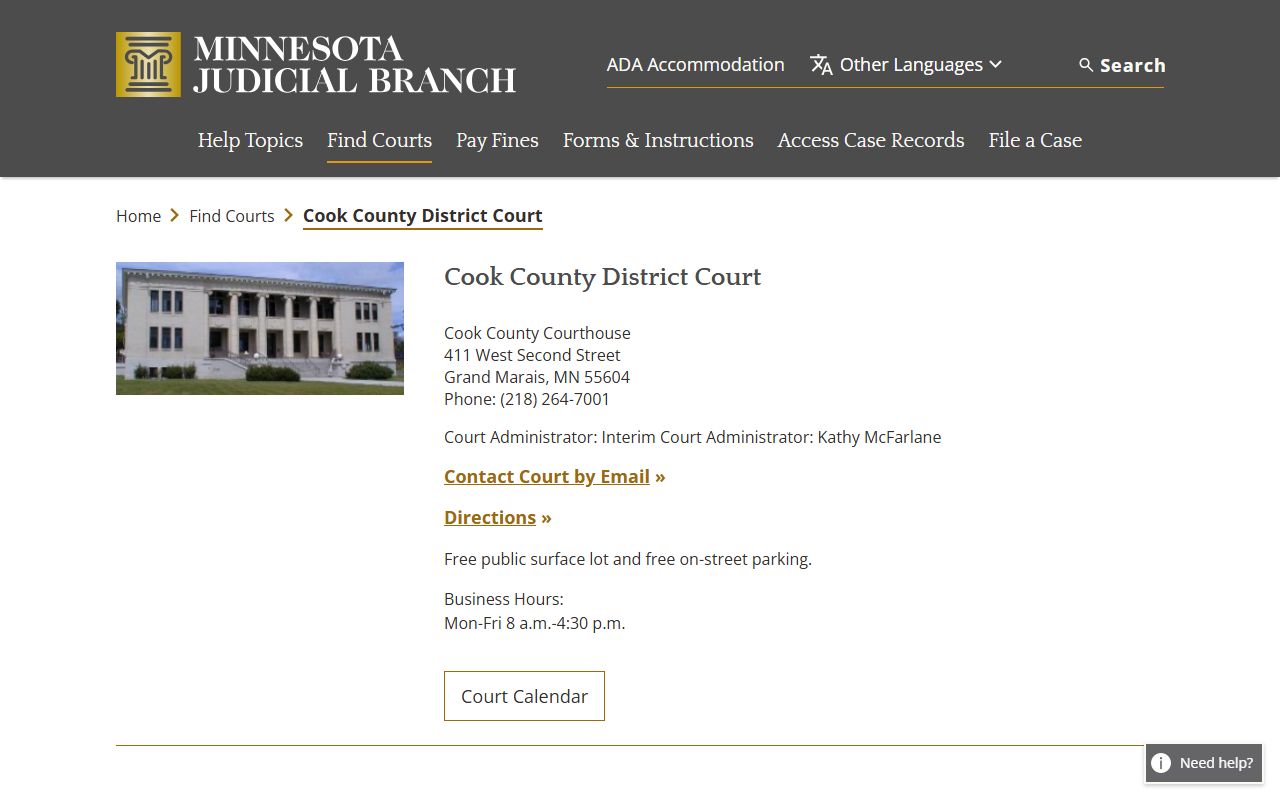 Cook County District Court page on Minnesota Judicial Branch website