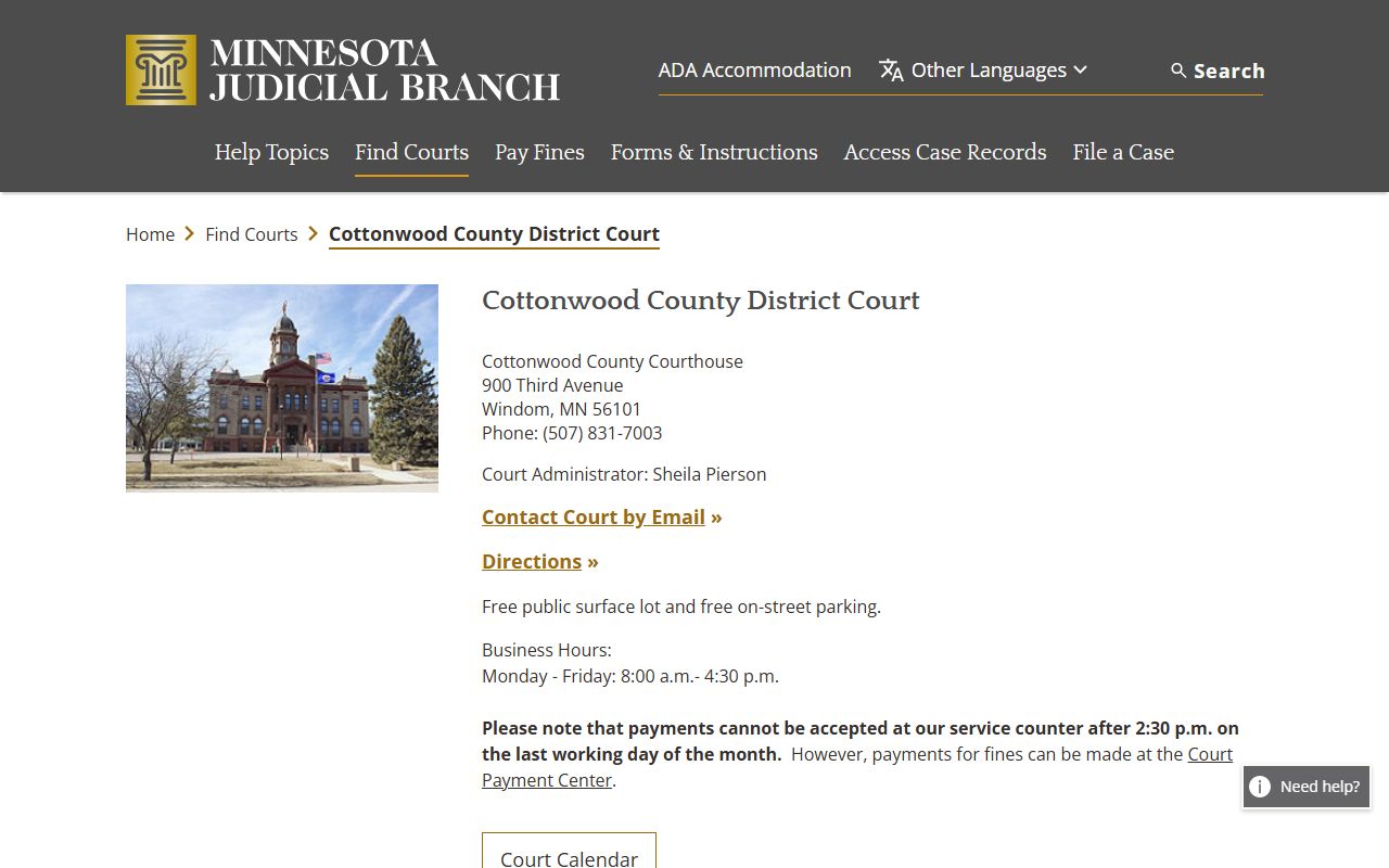 Cottonwood County District Court page on Minnesota Judicial Branch website