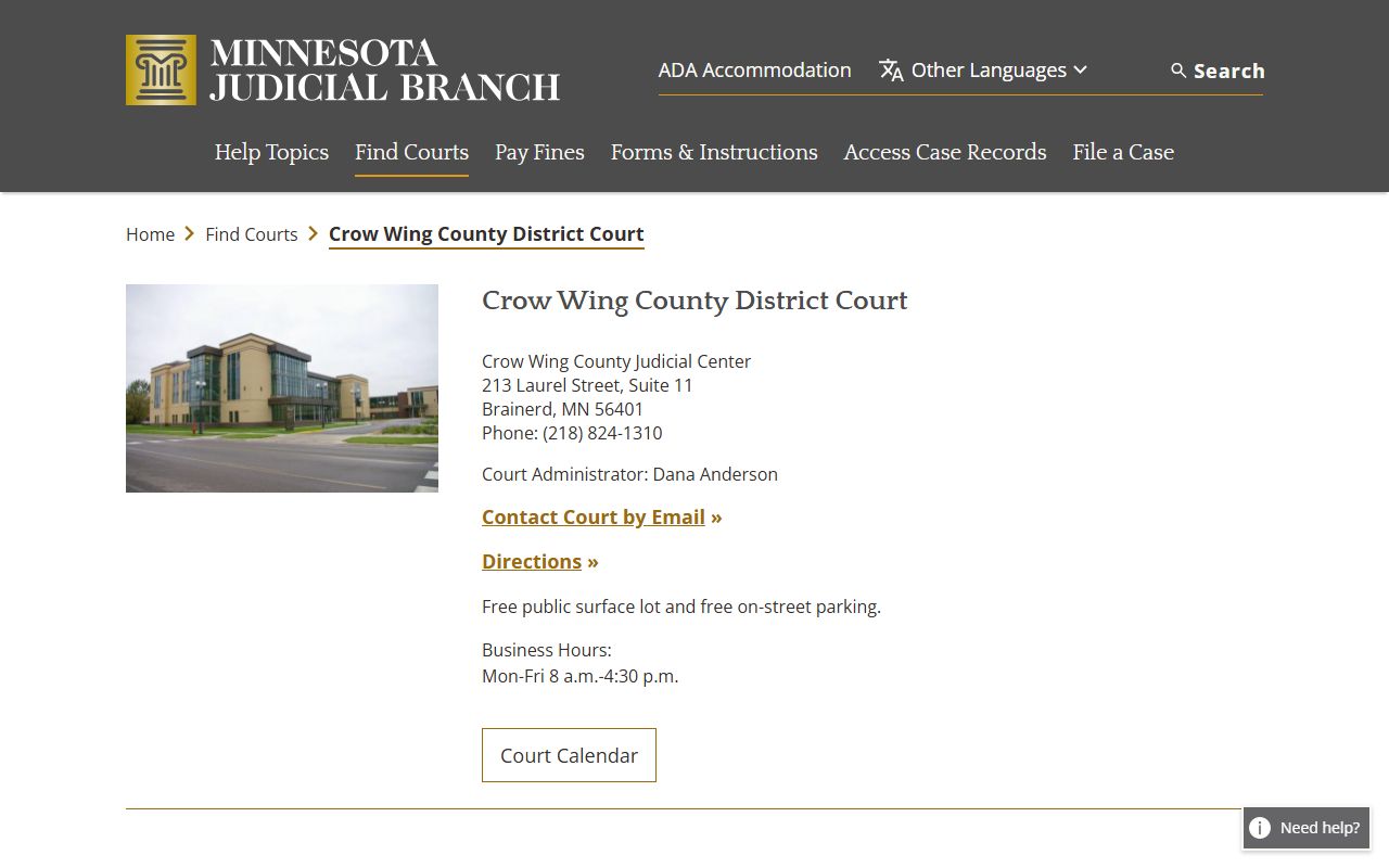 Crow Wing County District Court page on Minnesota Judicial Branch website