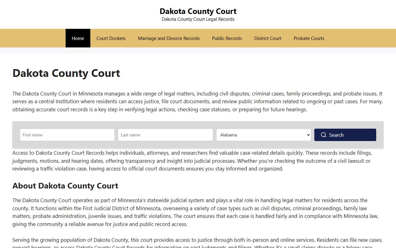 Dakota County Courts portal website showing court services and filing resources