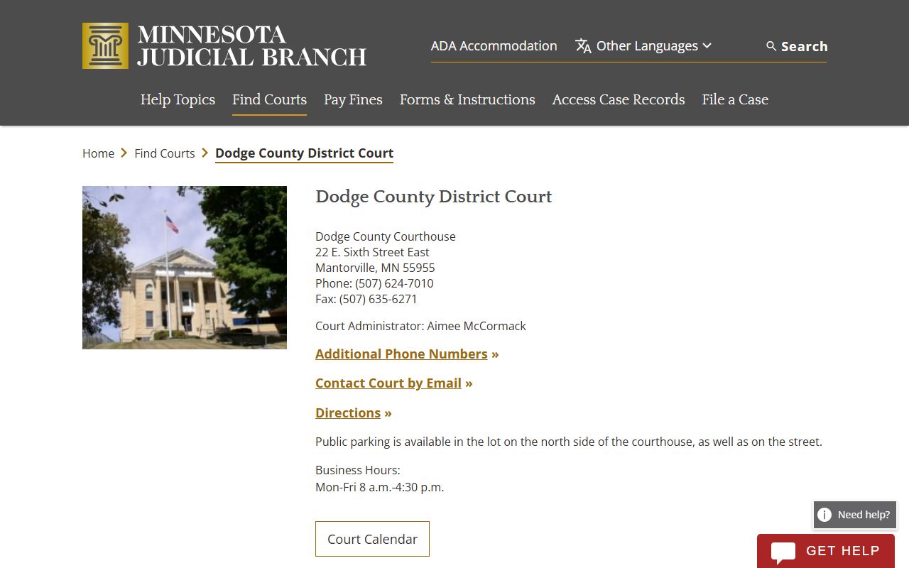 Dodge County District Court page on Minnesota Judicial Branch website showing courthouse location and contact information