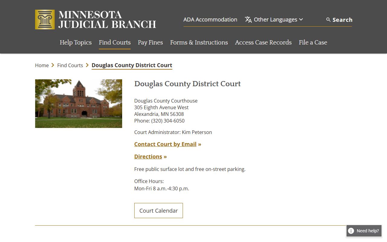 Douglas County District Court page on Minnesota Judicial Branch website showing courthouse address and phone number