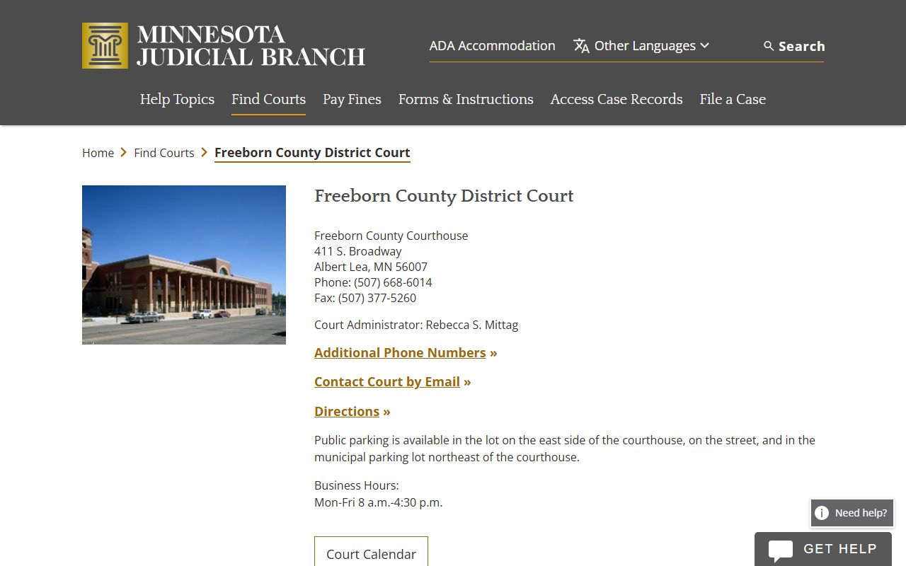 Freeborn County District Court page on Minnesota Judicial Branch website showing Albert Lea courthouse details