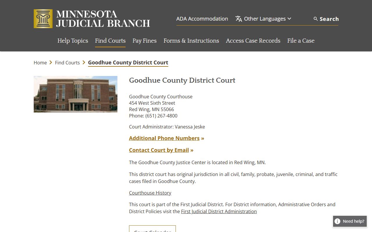Goodhue County District Court page on Minnesota Judicial Branch website showing Red Wing courthouse information