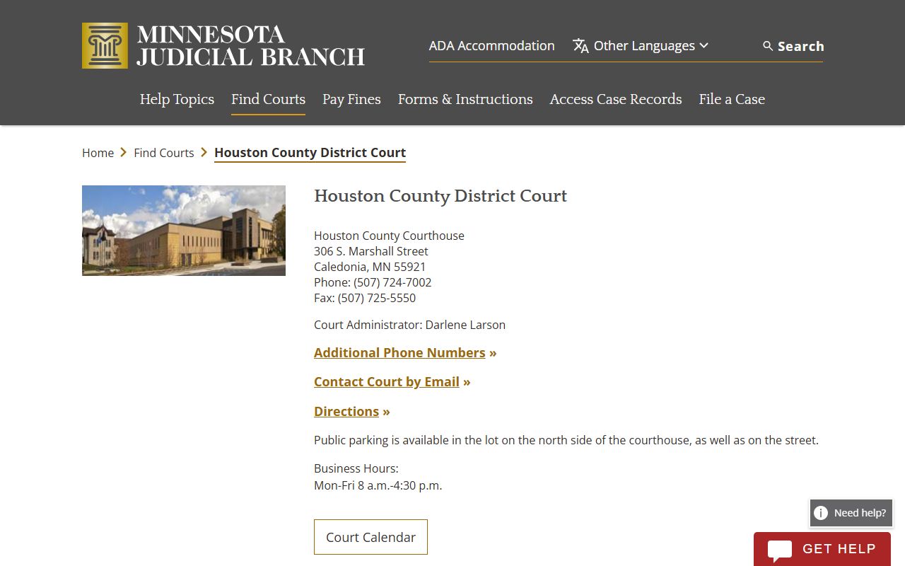 Houston County District Court page on Minnesota Judicial Branch website showing Caledonia courthouse information
