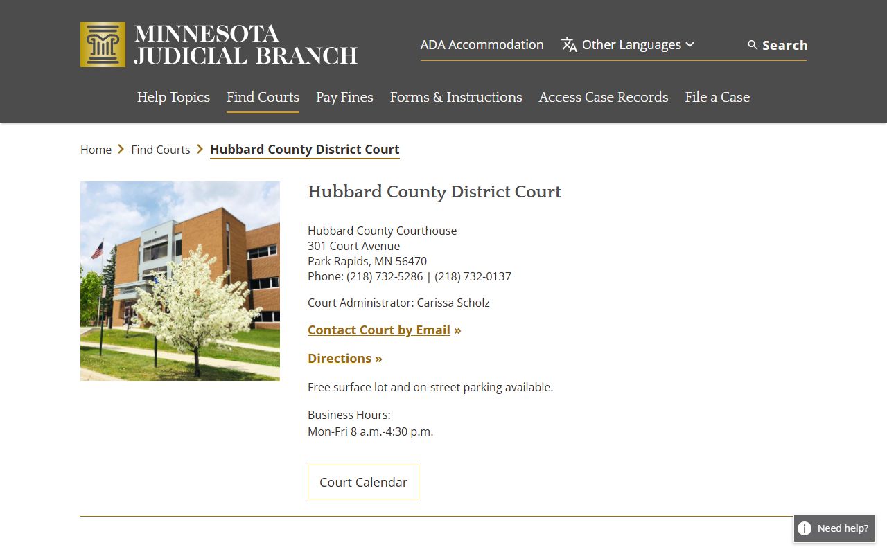 Hubbard County District Court page on Minnesota Judicial Branch website showing Park Rapids courthouse information