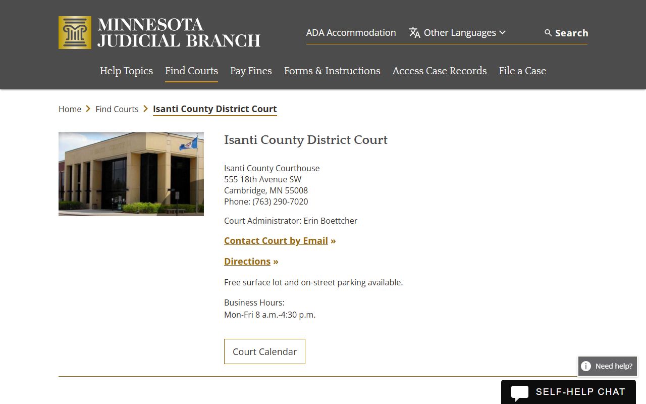 Isanti County District Court page on Minnesota Judicial Branch website showing Cambridge courthouse information