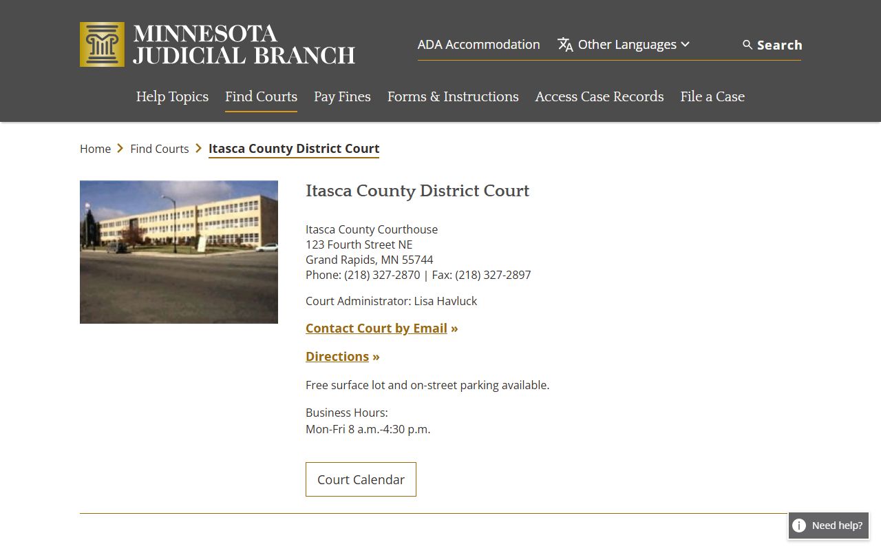 Itasca County District Court page on Minnesota Judicial Branch website showing Grand Rapids courthouse information