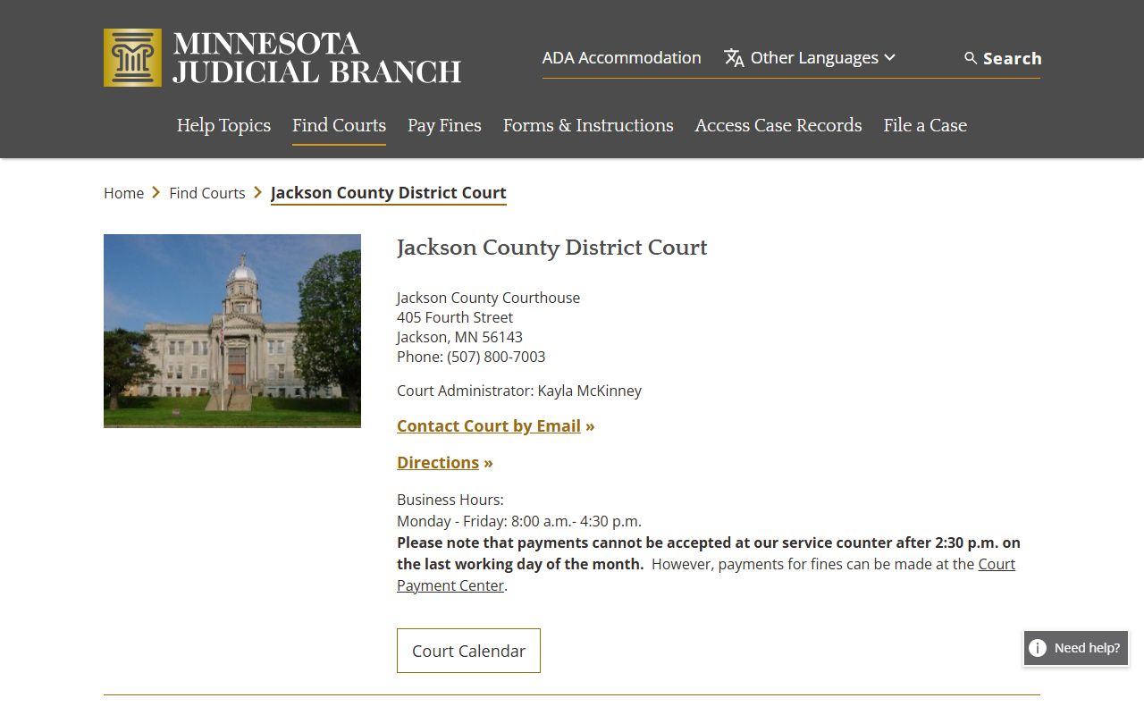 Jackson County District Court page on Minnesota Judicial Branch website showing Jackson courthouse information