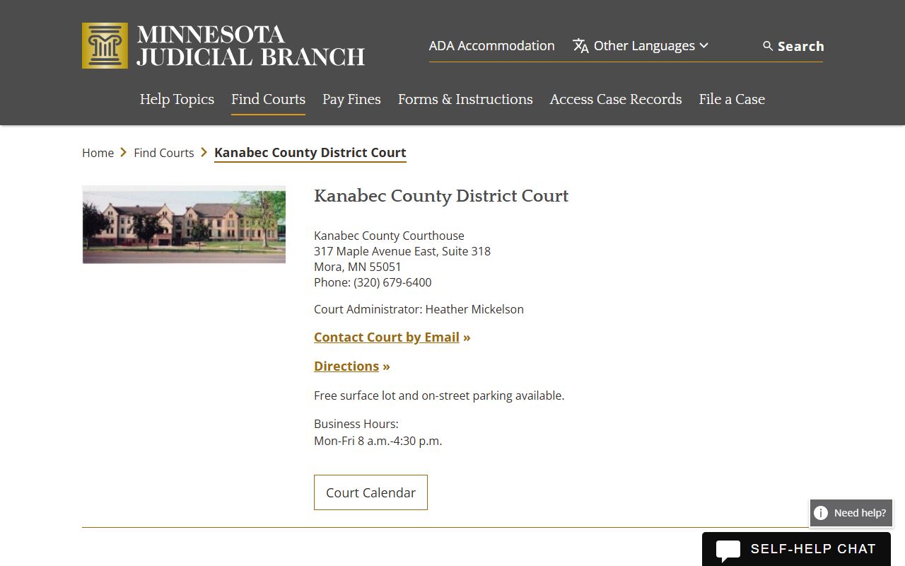 Kanabec County District Court page on Minnesota Judicial Branch website showing Mora courthouse details
