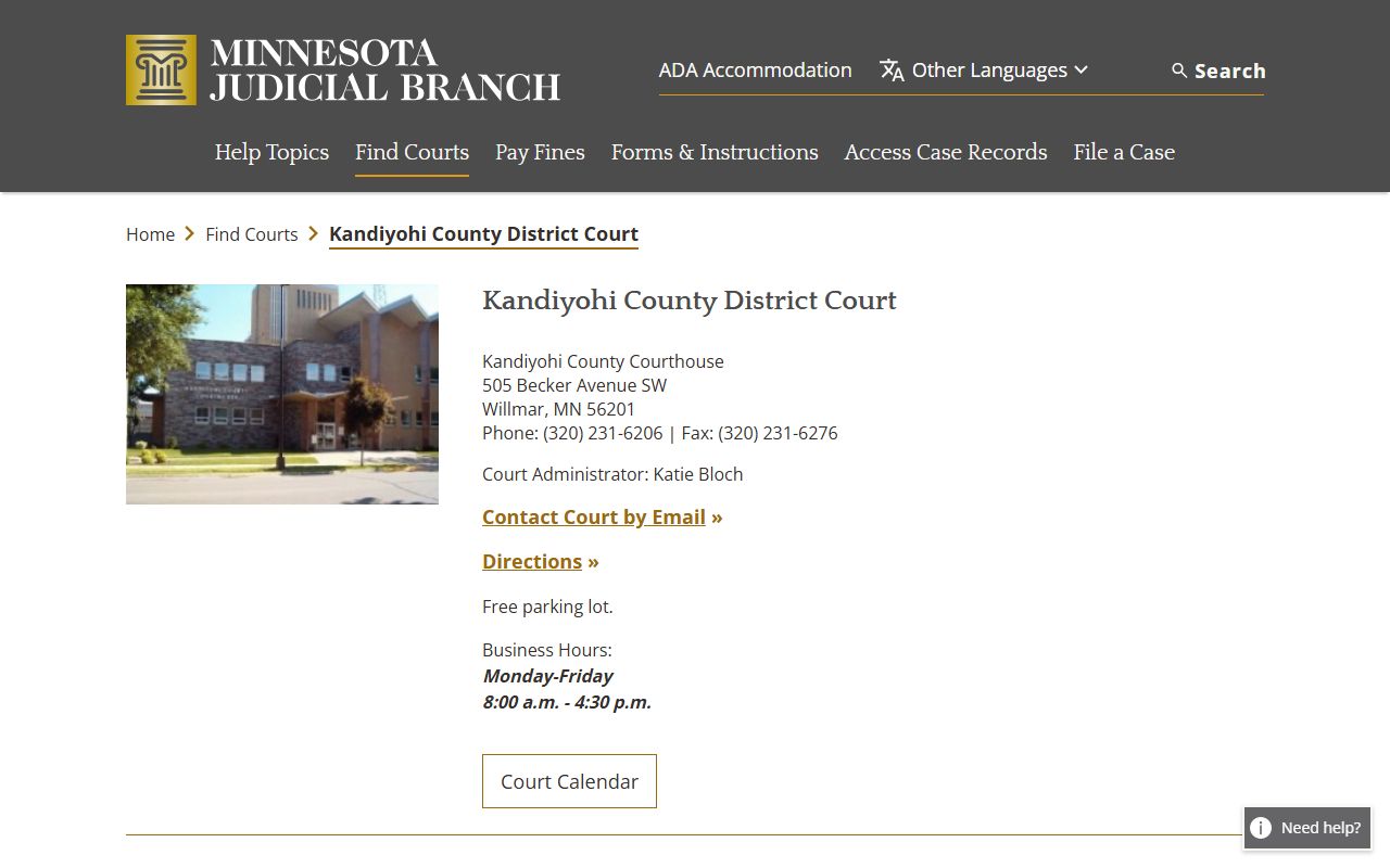 Kandiyohi County District Court page on Minnesota Judicial Branch website showing Willmar courthouse information