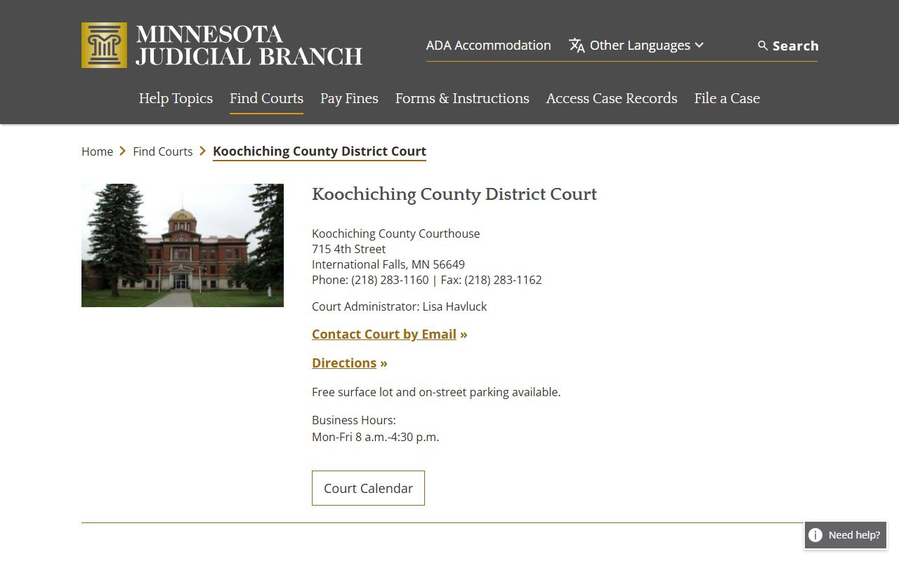 Koochiching County District Court page on Minnesota Judicial Branch website showing International Falls courthouse information