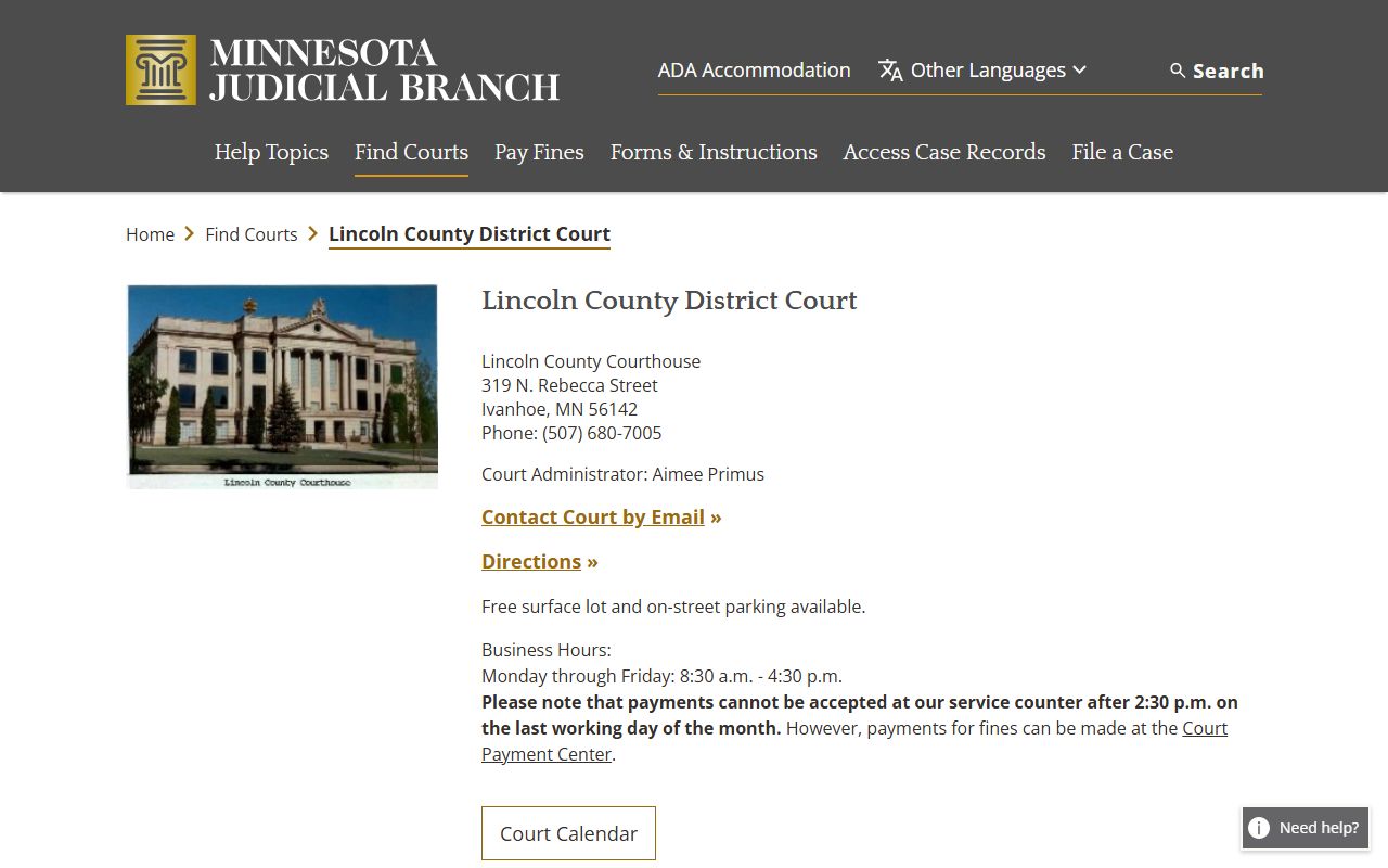 Lincoln County District Court page on Minnesota Judicial Branch website