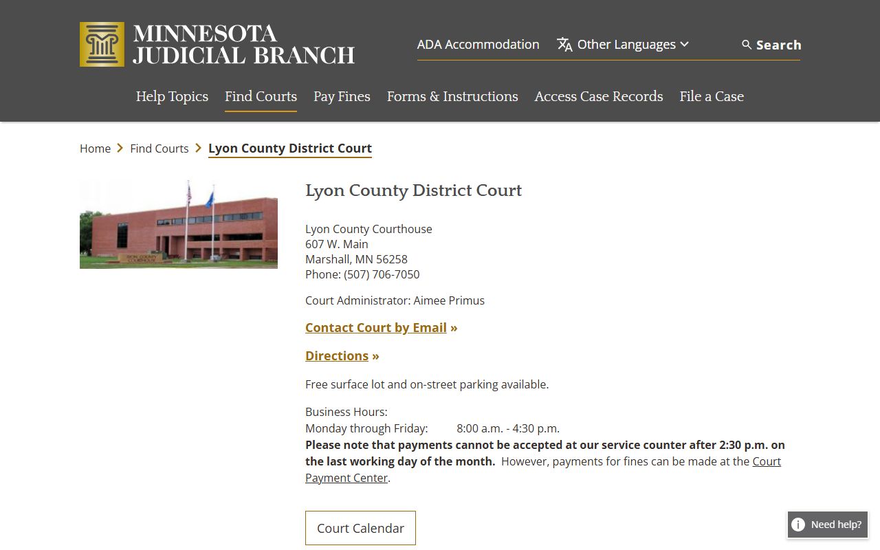 Lyon County District Court page on Minnesota Judicial Branch website