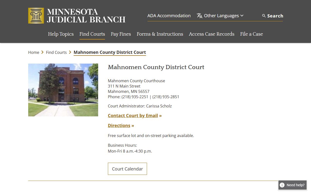 Mahnomen County District Court page on Minnesota Judicial Branch website