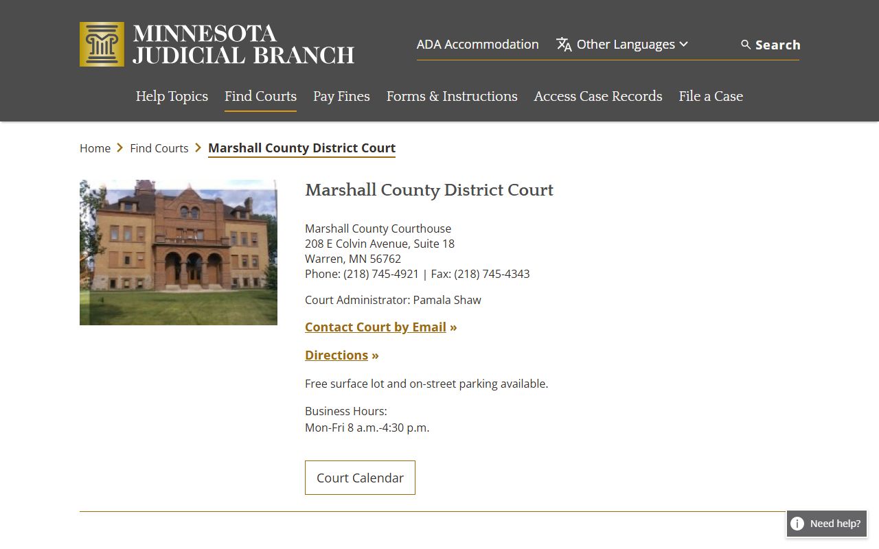 Marshall County District Court page on Minnesota Judicial Branch website