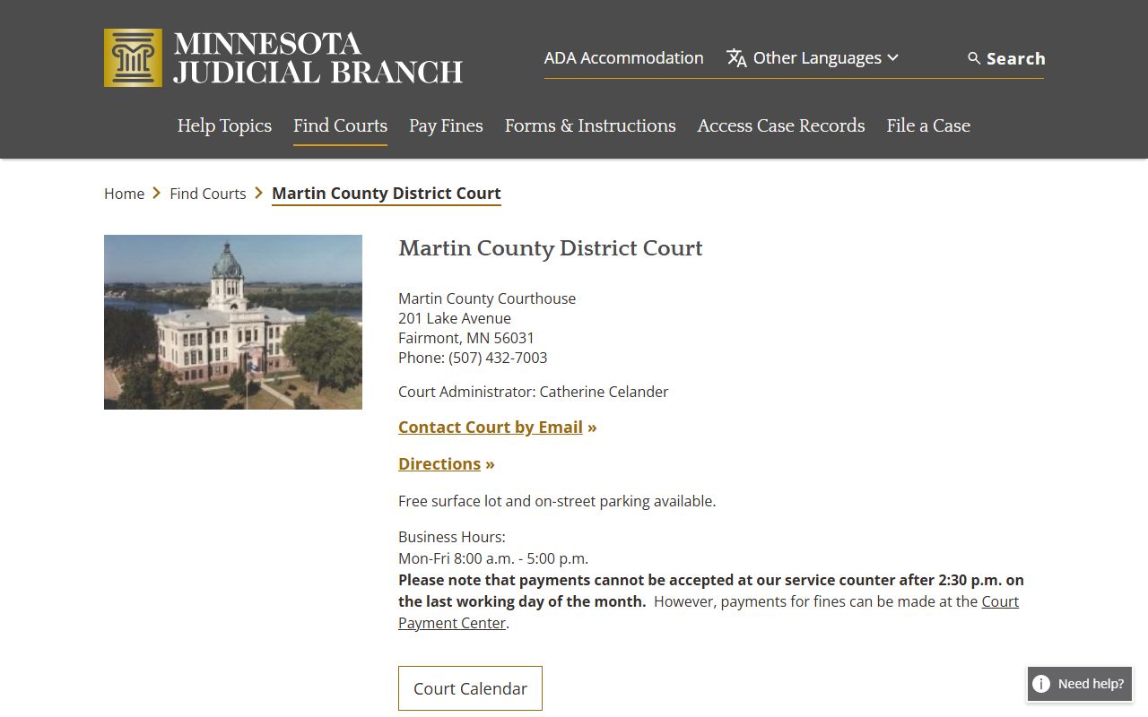 Martin County District Court page on Minnesota Judicial Branch website