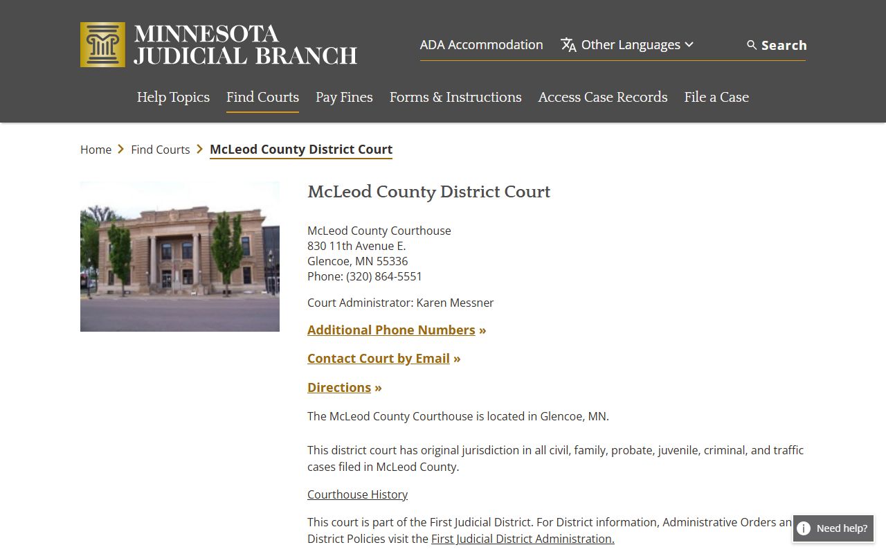 McLeod County District Court page on Minnesota Judicial Branch website