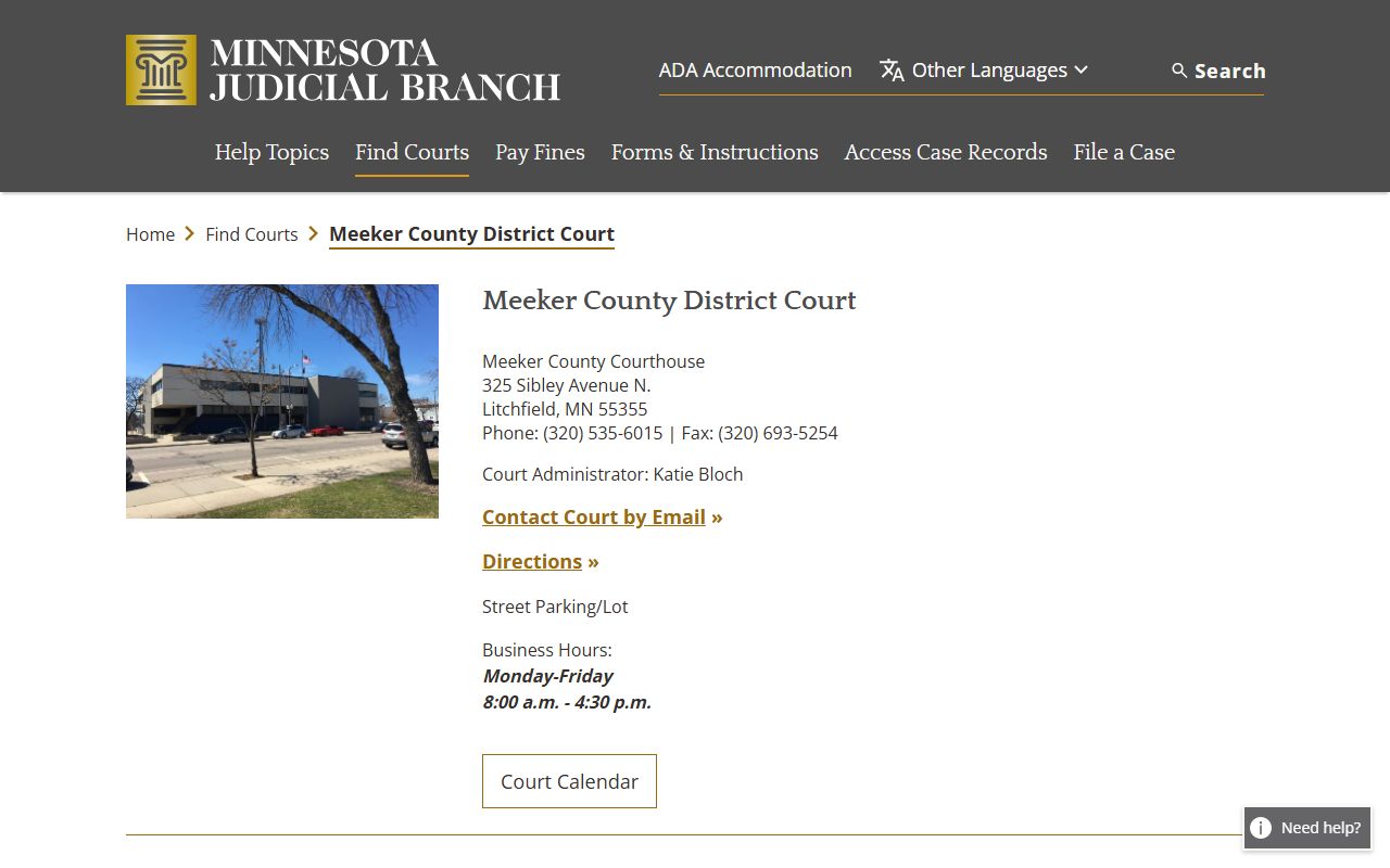 Meeker County District Court page on Minnesota Judicial Branch website