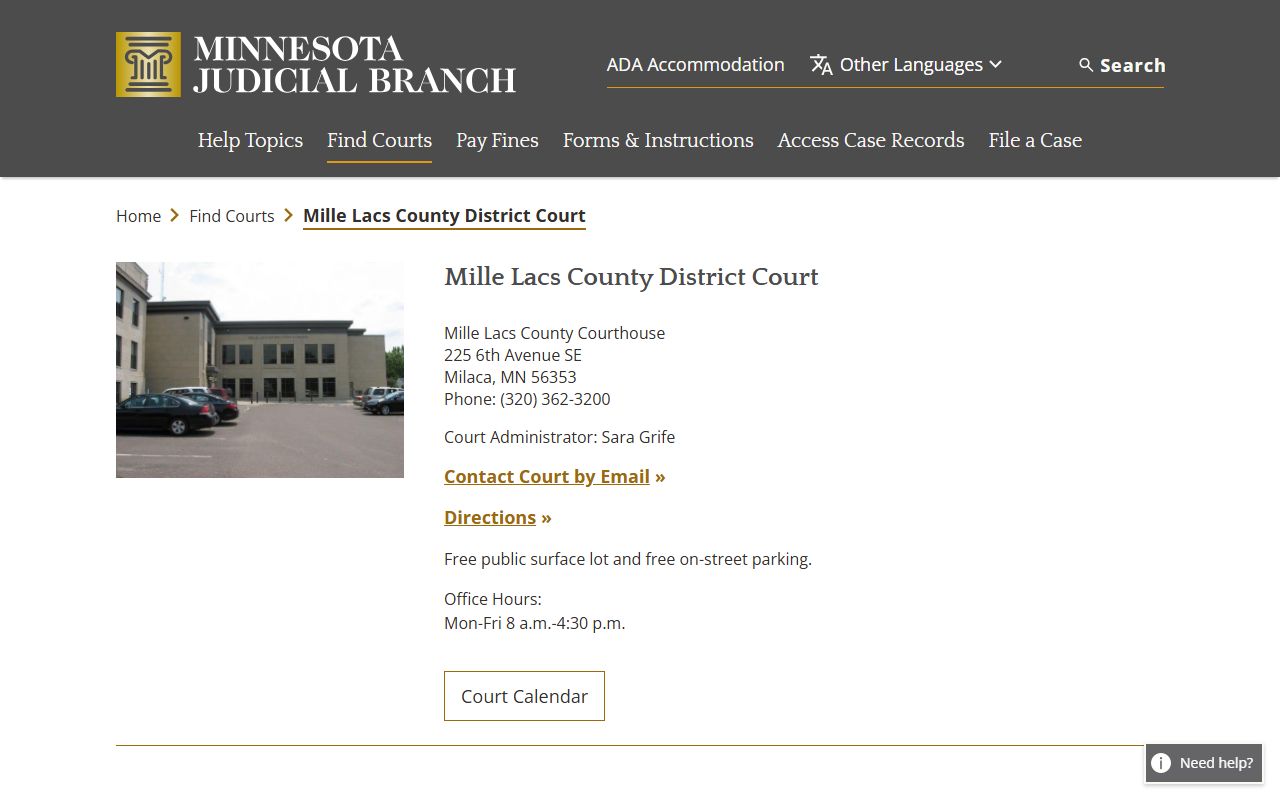 Mille Lacs County District Court page on Minnesota Judicial Branch website