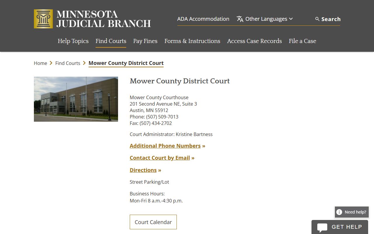 Mower County District Court page on Minnesota Judicial Branch website