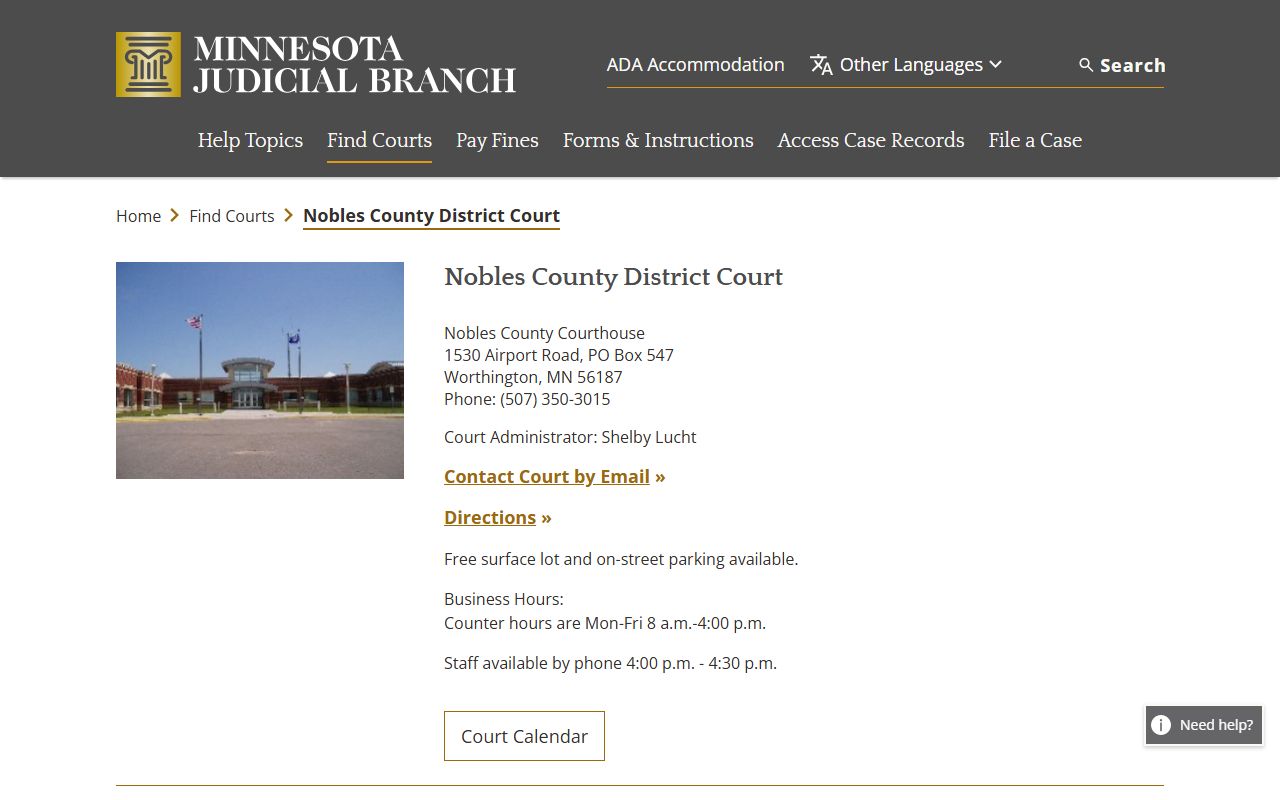 Nobles County District Court page on Minnesota Judicial Branch website