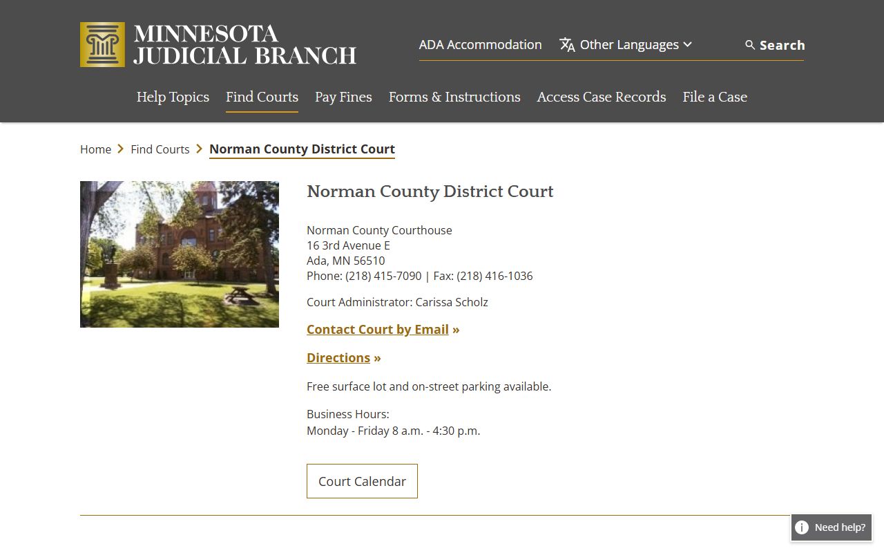 Norman County District Court page on Minnesota Judicial Branch website