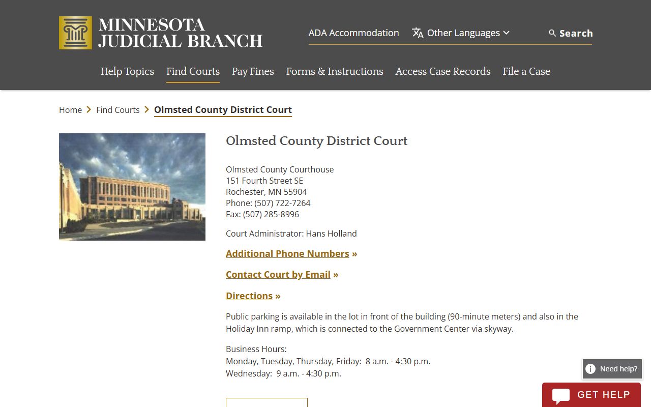 Olmsted County District Court page on the Minnesota Judicial Branch website showing contact information and court services for divorce decree filings