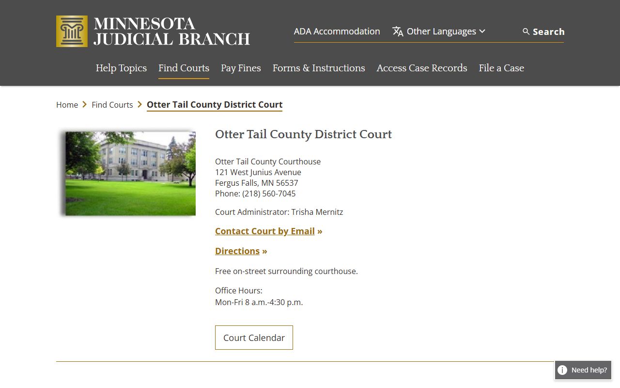 Otter Tail County District Court page on the Minnesota Judicial Branch website showing court contact information and services for divorce decree records