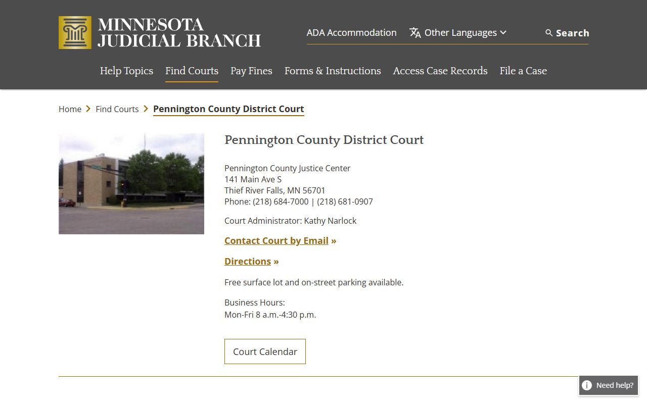 Pennington County District Court page showing court contact information and services for divorce decree records in Thief River Falls Minnesota