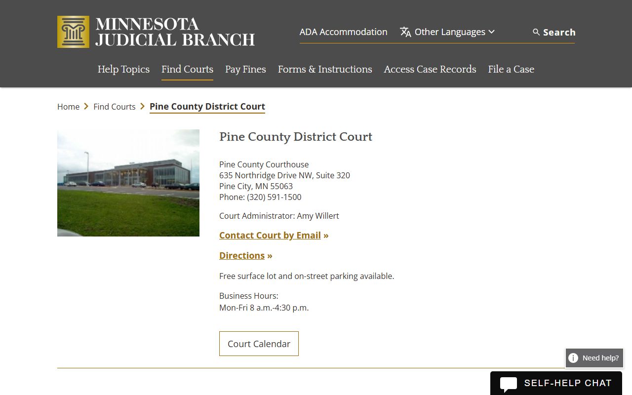 Pine County District Court page on the Minnesota Judicial Branch website showing contact details and services for divorce decree records in Pine City