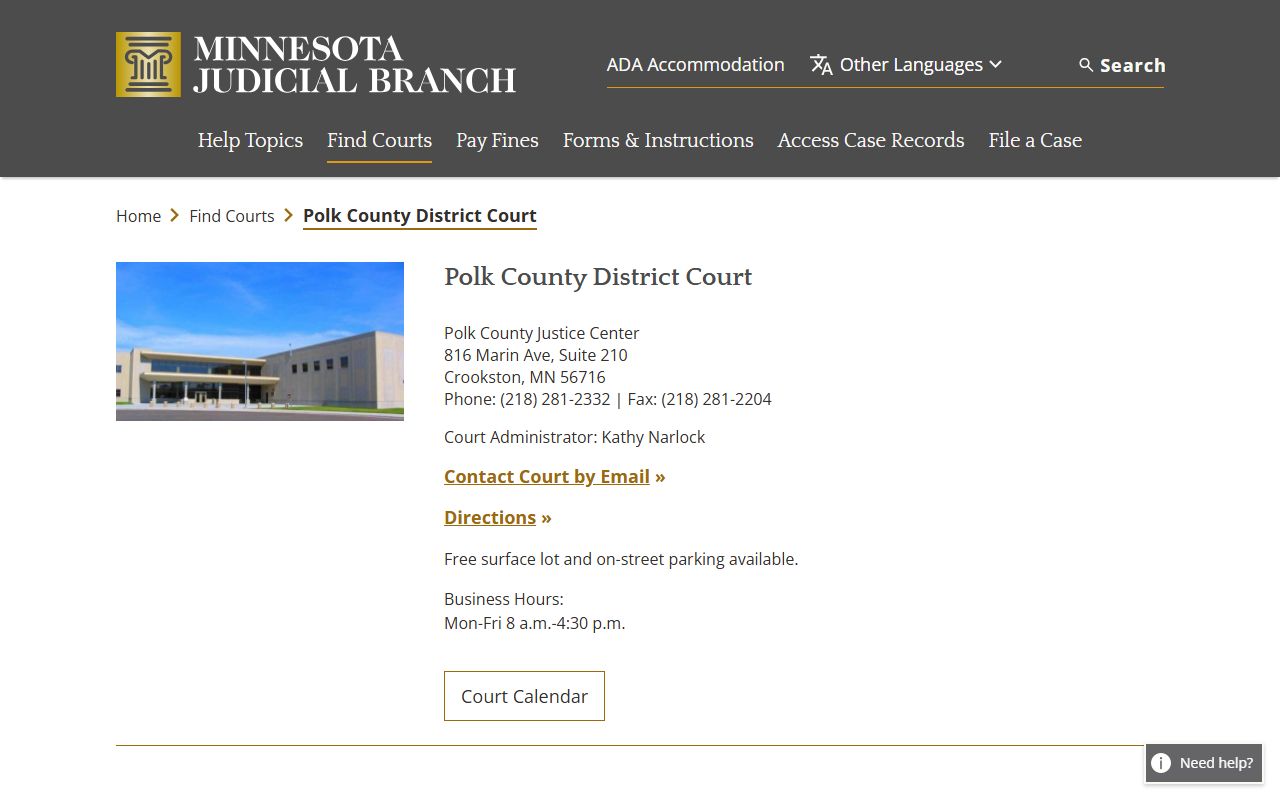 Polk County District Court page on the Minnesota Judicial Branch website showing court information and services for divorce decree records in Crookston