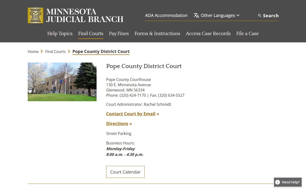 Pope County District Court page on the Minnesota Judicial Branch website showing contact information and court services for divorce decree records in Glenwood