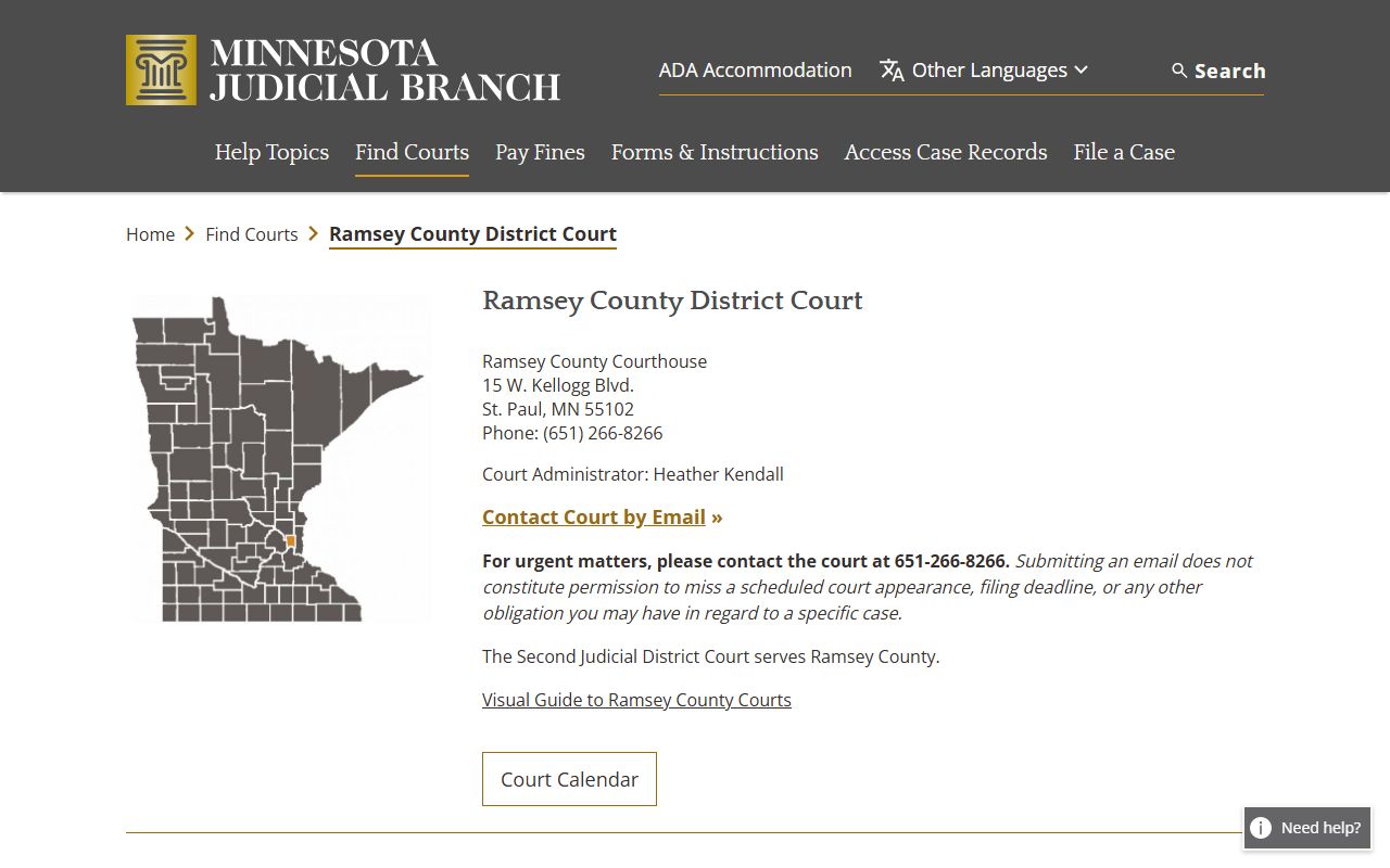 Ramsey County District Court page on the Minnesota Judicial Branch website showing court services and contact information for divorce decree records in St. Paul