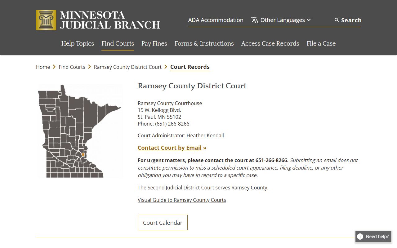 Ramsey County court records page showing instructions for requesting copies of divorce decree and other case documents